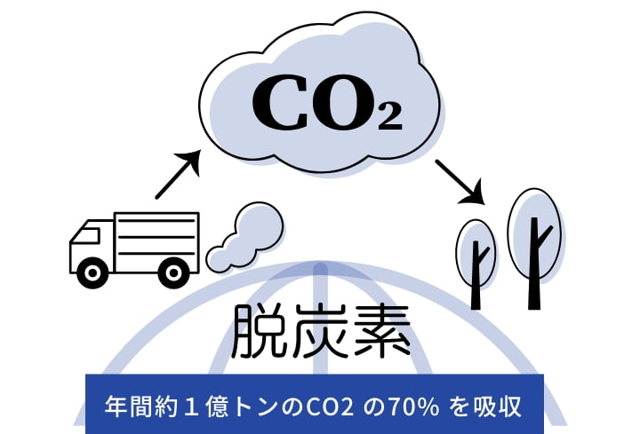 脱炭素。年間約１億トンのCO2 の70% を吸収